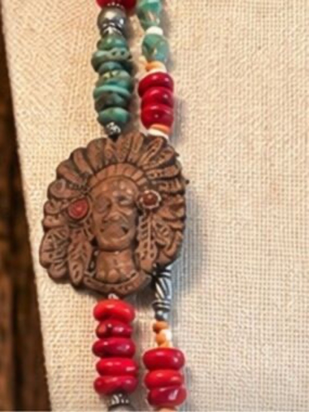 Carved Bone & Leather Chief Necklace w Heish Turquoise, Coral, Spiney Oyster - Picture 4 of 11
